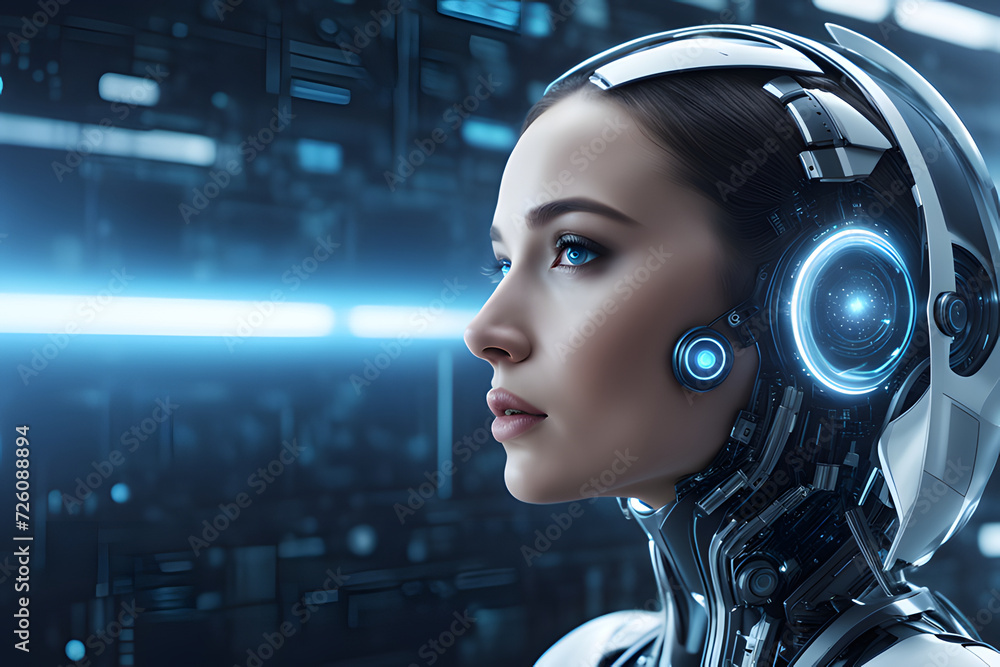 AI, Machine learning, Powerful woman with space for text copy space on big data background . Global network connection, Internet and digital technology, Science and ai concept AI, Machine learning, Powerful woman with space for text copy space on big data background . Global network connection, Internet and digital technology, Science and ai concept