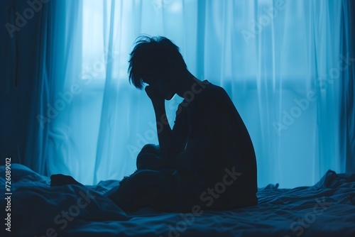 Illuminate the reality of depression with a silhouette portrait of a distressed Asian man on a bed. Powerful imagery depicting the impact of depression and solitude.