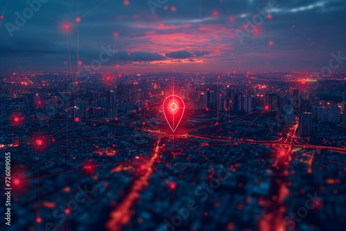 Capture the essence of urban navigation with a vibrant red map pin set against a cityscape backdrop, symbolizing connectivity and destination exploration. Ideal for travel and technology concepts.