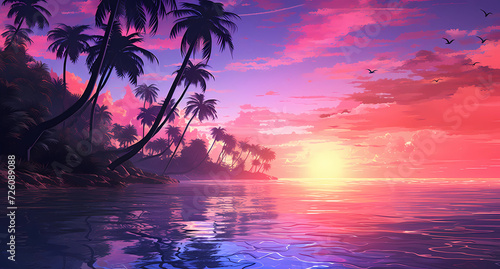 tropical palms in the tropical sunset ocean beach
