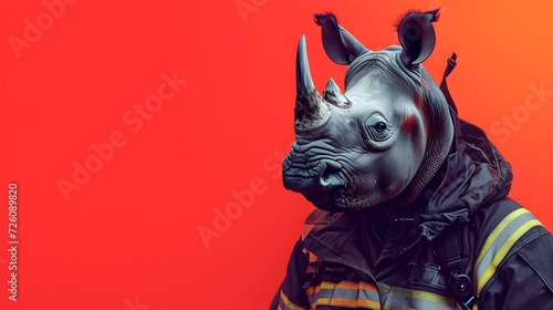 Fireman wearing Rhino Mask against Red Background