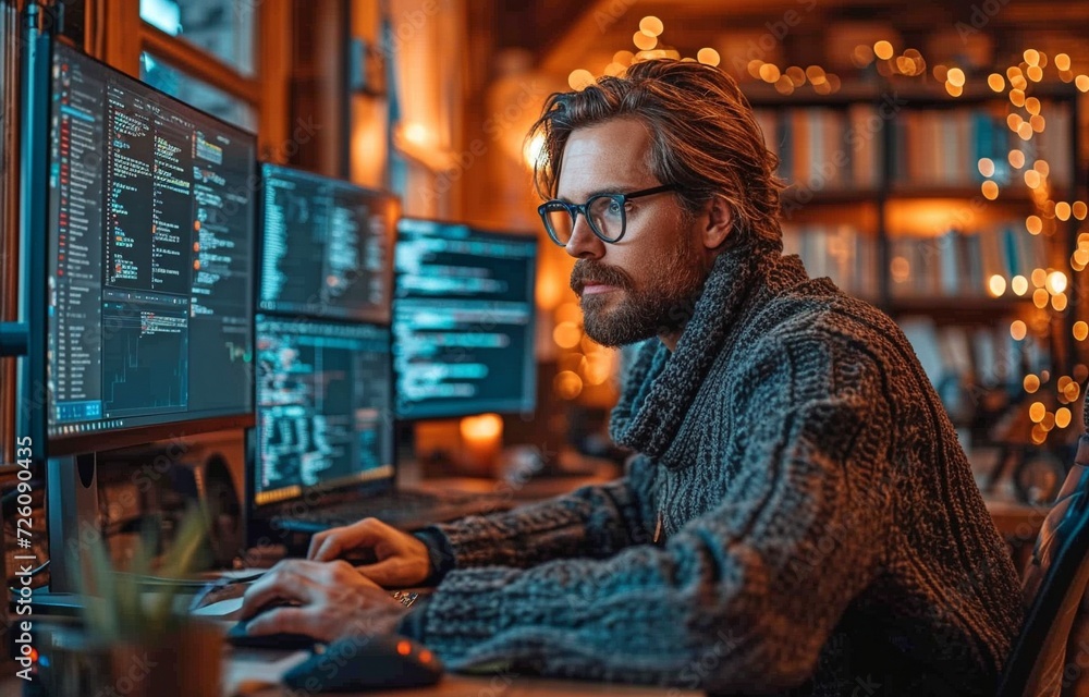 A programmer at an office, coding away.