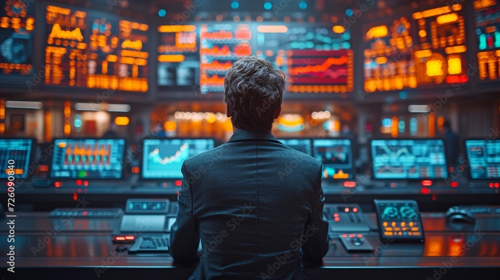 Behind a businessman facing a professional KPI measurements dashboard with screens and charts for reviewing KPIs and evaluating sales and company outcomes. Behind a businessman facing a professional KPI measurements dashboard with screens and charts for reviewing KPIs and evaluating sales and company outcomes.