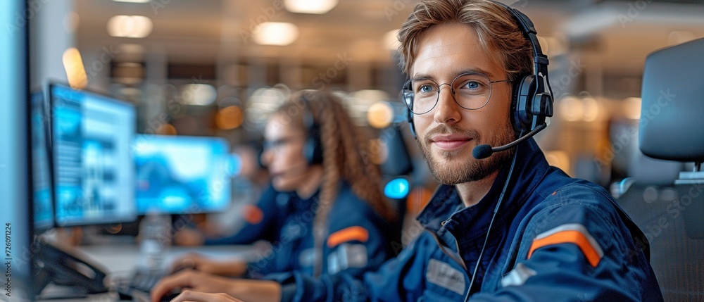 In the contact center workplace, a dedicated male operator wears a headset while using a computer.