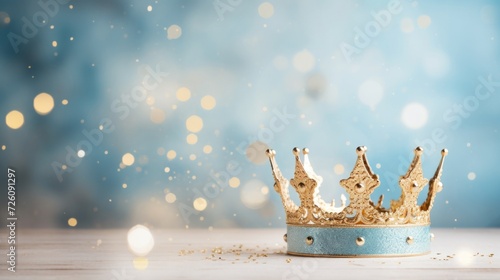 An ornate golden crown sparkling against a dreamy blue bokeh background.