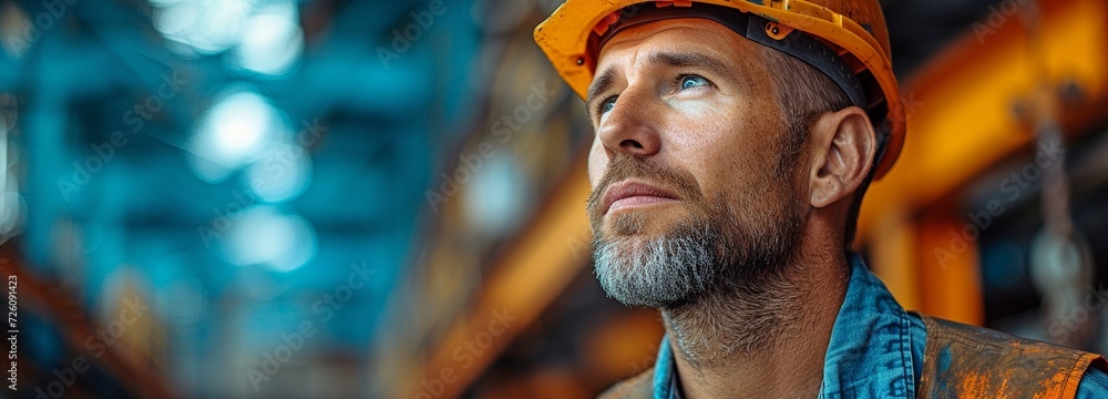 Construction worker with experience on a clear blue background.
