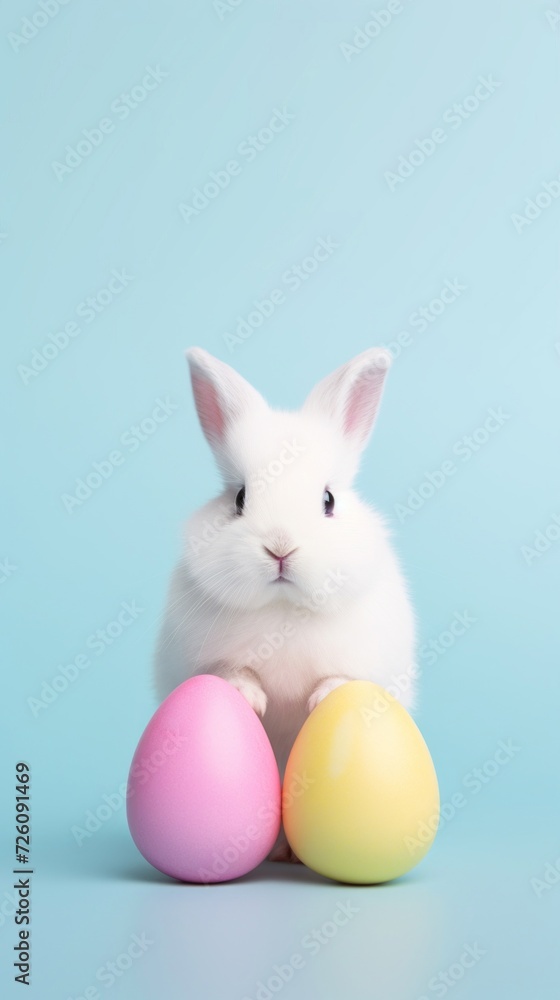 Obraz premium A cute white rabbit sitting with pastel pink and yellow Easter eggs on a light blue background.