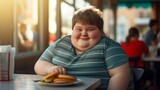 Smiling young boy sitting in a diner, eating a sandwich with french fries, warm sunlight illuminating the scene.