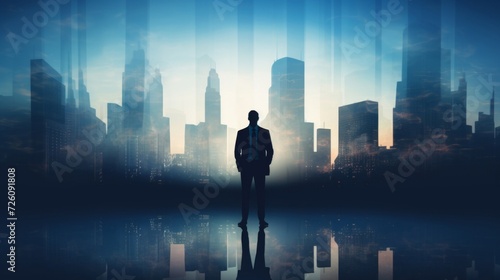 Silhouette of a businessman standing before a double exposure city skyline at twilight.