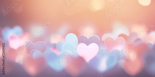 Abstract romantic background with soft bokeh lights in the shape of hearts.