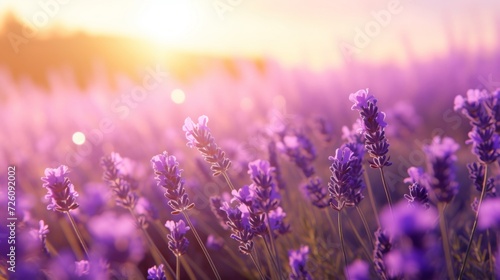 The warm glow of sunset bathes a vibrant field of blooming lavender, creating a serene and picturesque landscape.