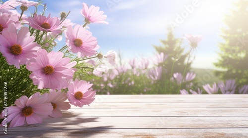 Delicate pink cosmos flowers arranged on a rustic wooden table, bathed in warm sunlight with a soft-focus background.