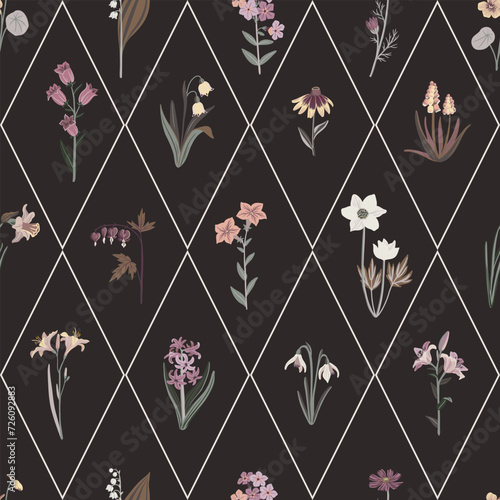 seamless geometric pattern with garden flowers, vector drawing flowering plants at dark background, floral cover design, hand drawn botanical illustration