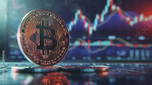 A shiny Bitcoin token stands in sharp focus against a backdrop of a blurred financial chart, highlighting cryptocurrency investment and market trends.