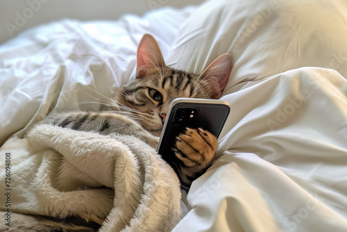 A cat is holding a phone in bed photo