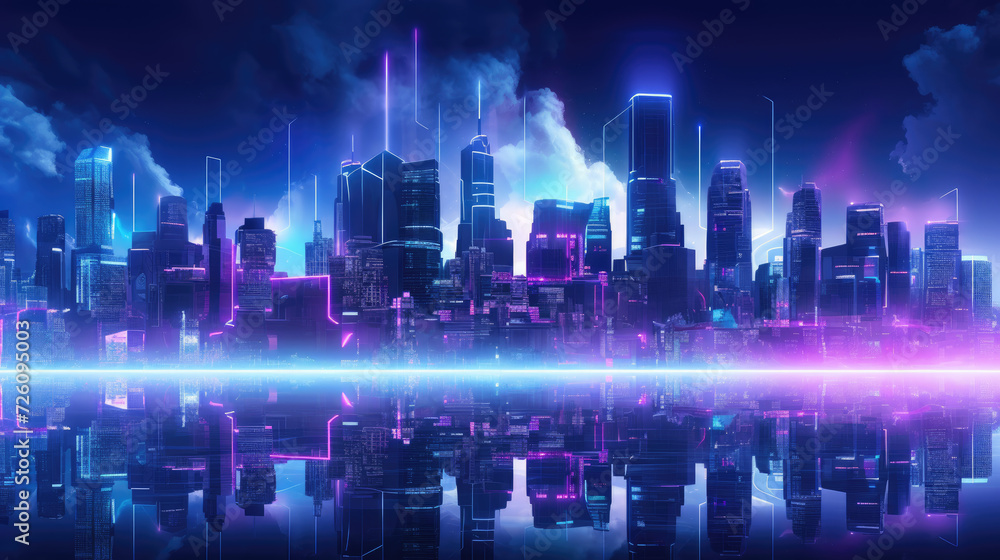 Photo of a cityscape with bright neon lights, suitable for use in advertising design or background images. Futuristic skyscrapers reflected in the water.