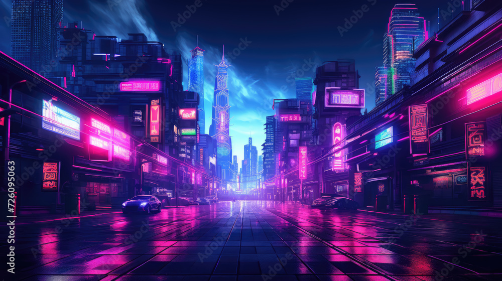 Photo of a cityscape with bright neon lights, suitable for use in advertising design or background images. Futuristic digital night street of a town in cyberpunk-style.