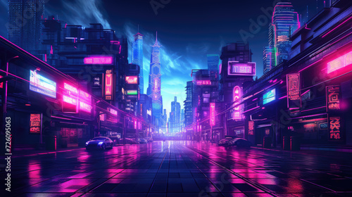 Photo of a cityscape with bright neon lights  suitable for use in advertising design or background images. Futuristic digital night street of a town in cyberpunk-style.