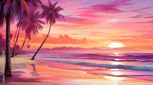 Serene beach at sunset with waves gently lapping the shore, palm trees swaying in the breeze. Seascape pink background. Illustration in flat style. © Julia G art