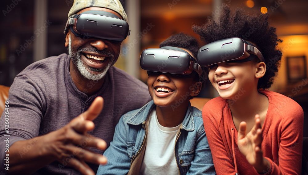 African family bonding, playing virtual reality, smiling and having fun generated by AI African family bonding, playing virtual reality, smiling and having fun generated by AI