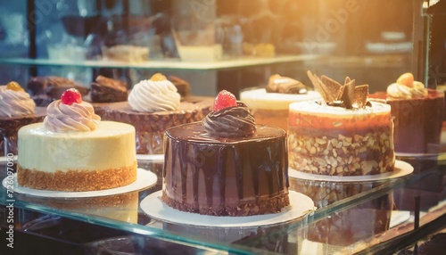  Vários bolos amostra para vender em um expositor com vidro em uma confeitaria. Destaque para o bolo de chocolate. photo