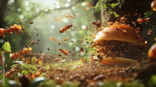 Cartoon scene Panic ensues as the little explorers accidentally stumble into a gleefully chaotic picnic of ants clashing with flying crumbs and tiny sandwiches.
