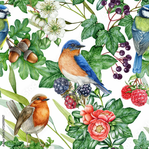 Photography Garden birds with natural floral elements seamless pattern