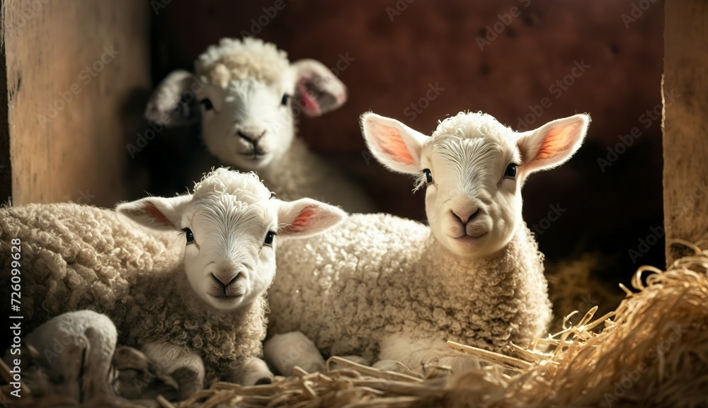 Obraz premium cute newborn lambs on a farm - close up - early spring