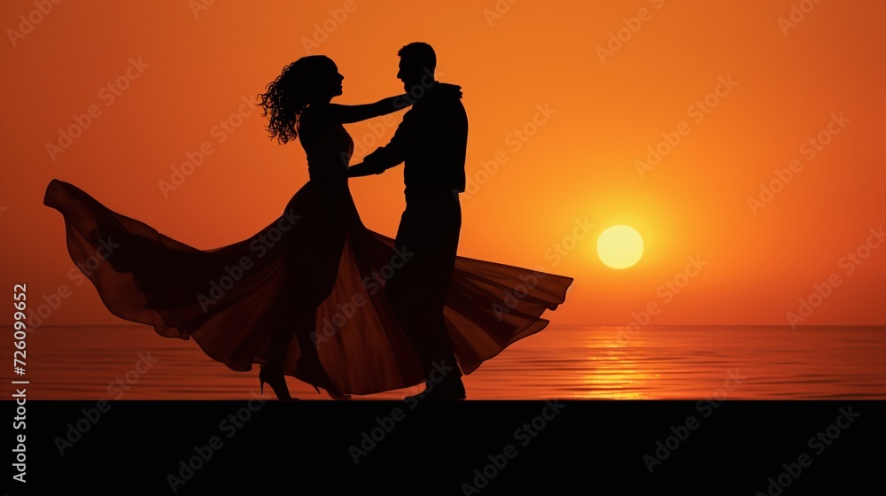 A wonderful sunset background and a beautiful silhouette of lovers - obrazy, fototapety, plakaty 