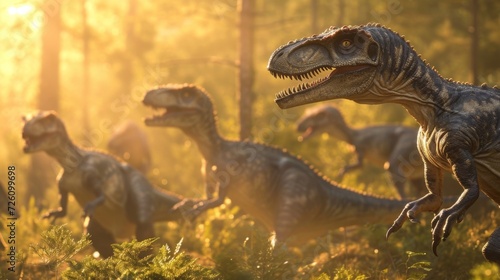 In the foreground a pack of velociraptors pause in their hunt and bask in the warm glow of the setting sun their sharp teeth glistening in the light.