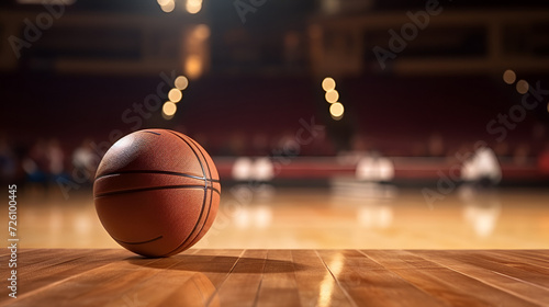  Basketball game sport arena stadium court on spotlight with basket ball on floor. 