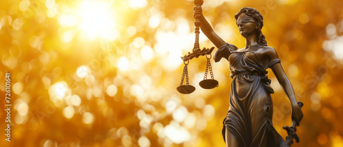 Lady Justice in Golden Light: Symbol of Law and Fairness Illuminated by the Warmth of the Setting Sun