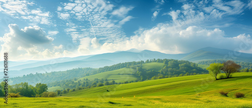 Expansive Green Landscape with Rolling Hills Under a Dynamic Cloudy Sky: A Breathtaking Nature Scene