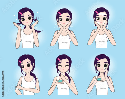 Vector cartoon character of a young girl with various expressions regarding facial skin care in various methods, cute style.