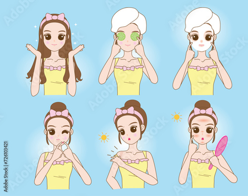 Vector cartoon character of a young girl with various expressions regarding facial skin care in various methods, cute style.