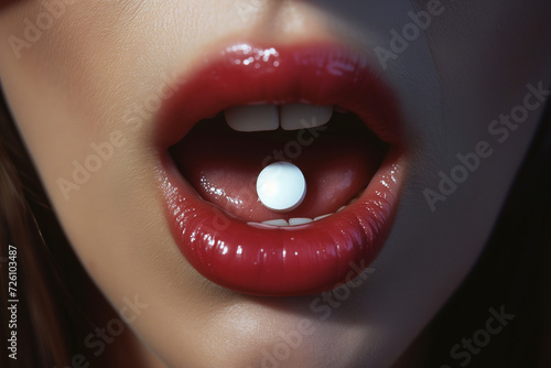 close-up photo of a woman's mouth, her mouth is wide open, on her tongue there is a pill photo