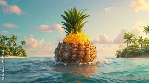 A giant pineapple volcano erupting with golden juice surrounded by panicking cartoon pineapple villagers trying to save their homes on the Pineapple Paradise Islands.