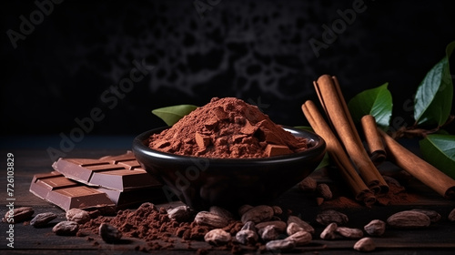 Cocoa powder in a bowl, chocolate bars, cocoa beans and cinnamon sticks on wooden background. photo