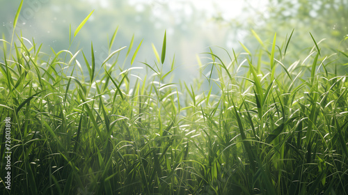 Green grass in the morning light. Beautiful nature background with copy space.