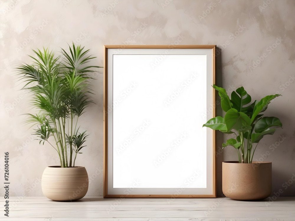 blank frame for wall art in a room with neutral colors. image for mockup. living room with plants, beige wall and floor. elegant, minimalist place
