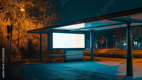 An empty billboard in a bus stop's high dynamic range image, perfect for advertising.