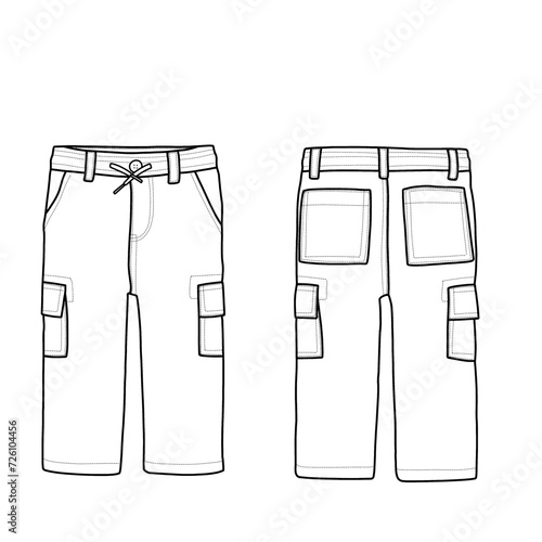 Template vector toddler cargo pants with pockets and drawstring. Outline vector doodle illustration, front, and bottom view, isolated with a white background.