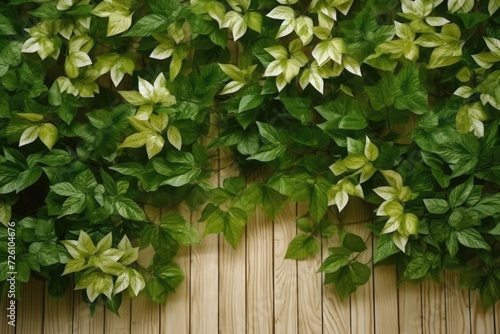 Green Leaves on Brown Wooden Background