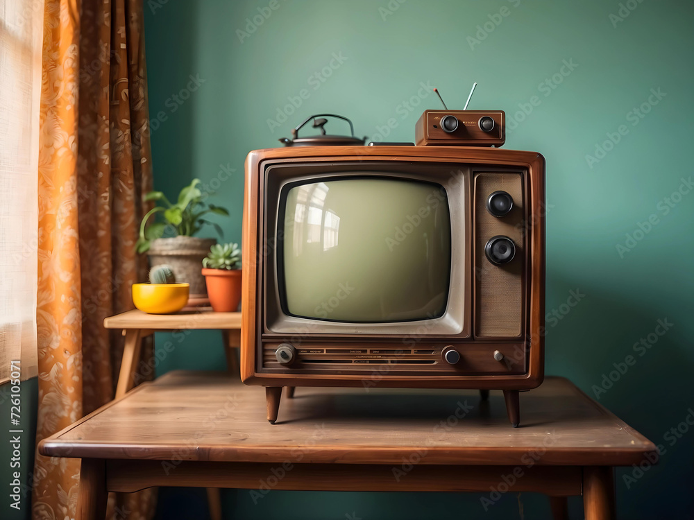 old television seen from the front. vintage television on a wooden table in a cozy room