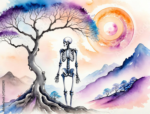 Divine Encounter - Skeleton Grace in Bodhi Tree Meditation Gen AI photo