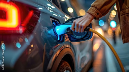 Close-up of a woman's hands plugging in the electric car(EV) at the charging station