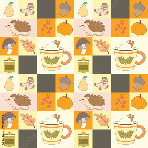 cute colorful vibrant sweet autumn seamless pattern hand drawn with autumn elements, textiles, clothing, wrapping paper, cover, banner, home decor, abstract backgrounds vector illustration
