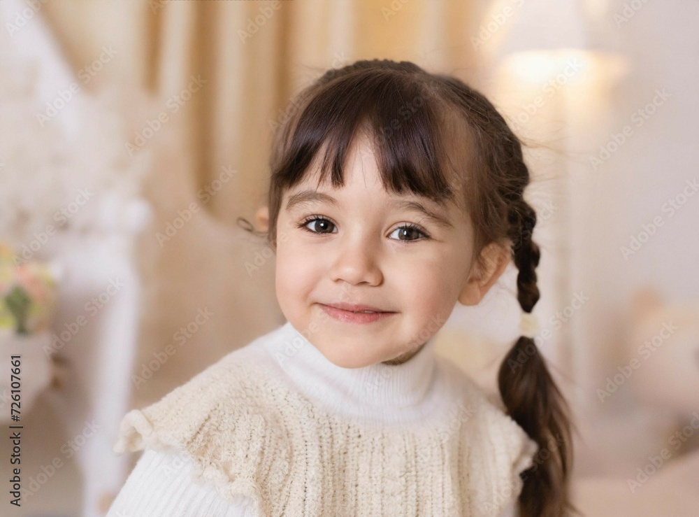 Playful child smiling sitting on mom's bed at home Playful child smiling sitting on mom's bed at home