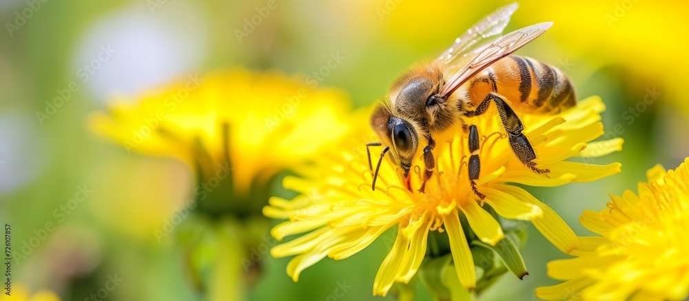 Bee on yellow dandelion in meadow, close-up. Bee on yellow dandelion in meadow, close-up.