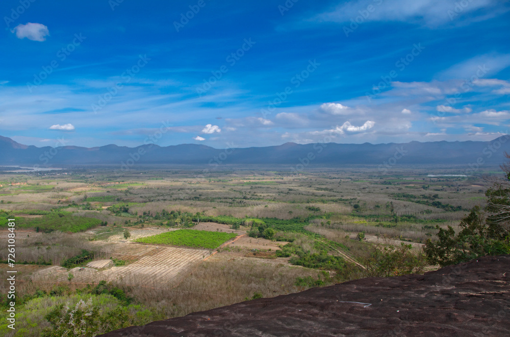 Wide dry forest and mountains from view point